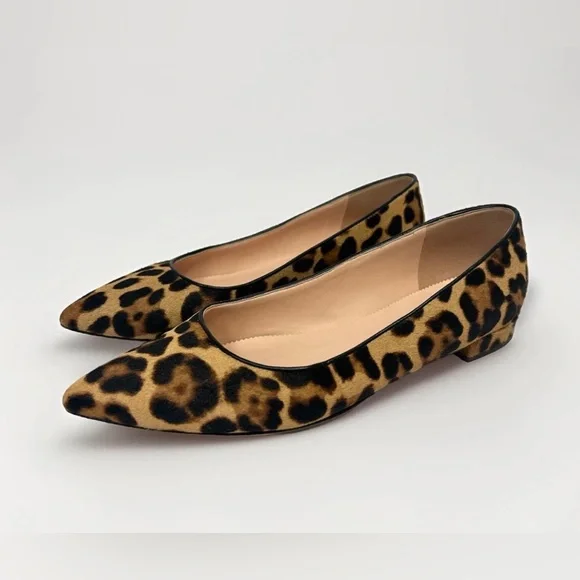 J Crew Leopard Print Shoes Women 9 Calf Hair Ballet Flats Pointed Toe Tan Brown - Picture 1 of 14